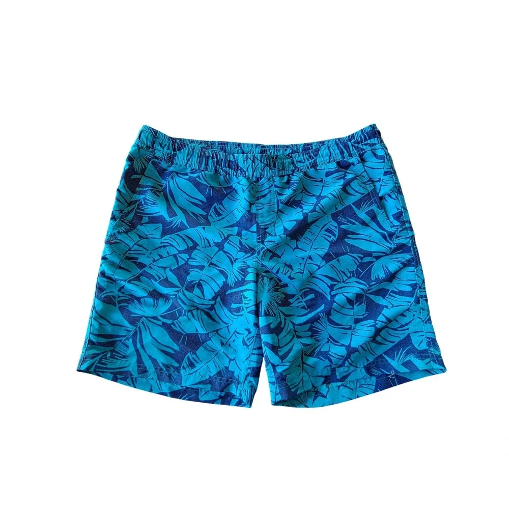 Eddie Bauer Mens Large Blue Tropical Palm Leaf Swim Trunks Mesh Beach